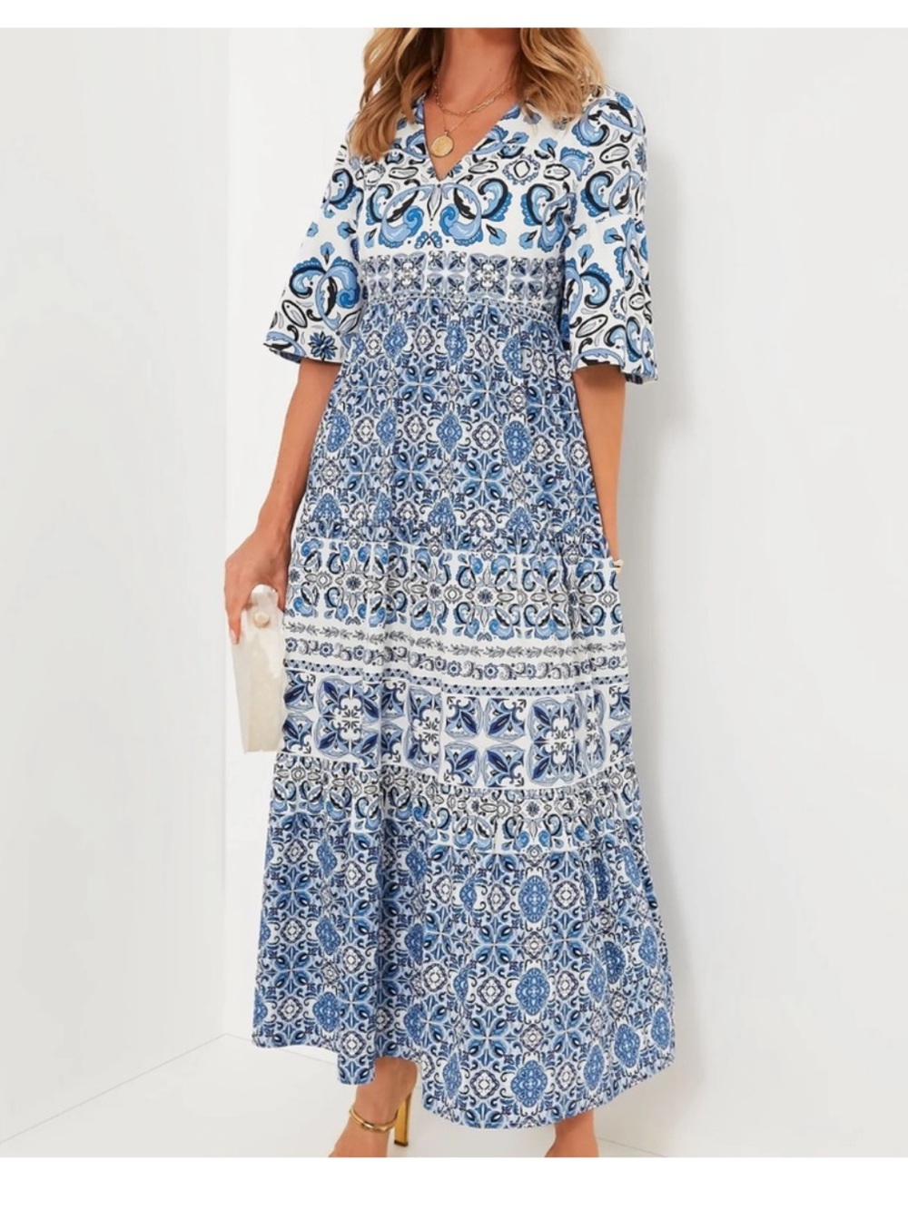 Tuckernuck Blue and White Tile-Print V-Neck Maxi Dress